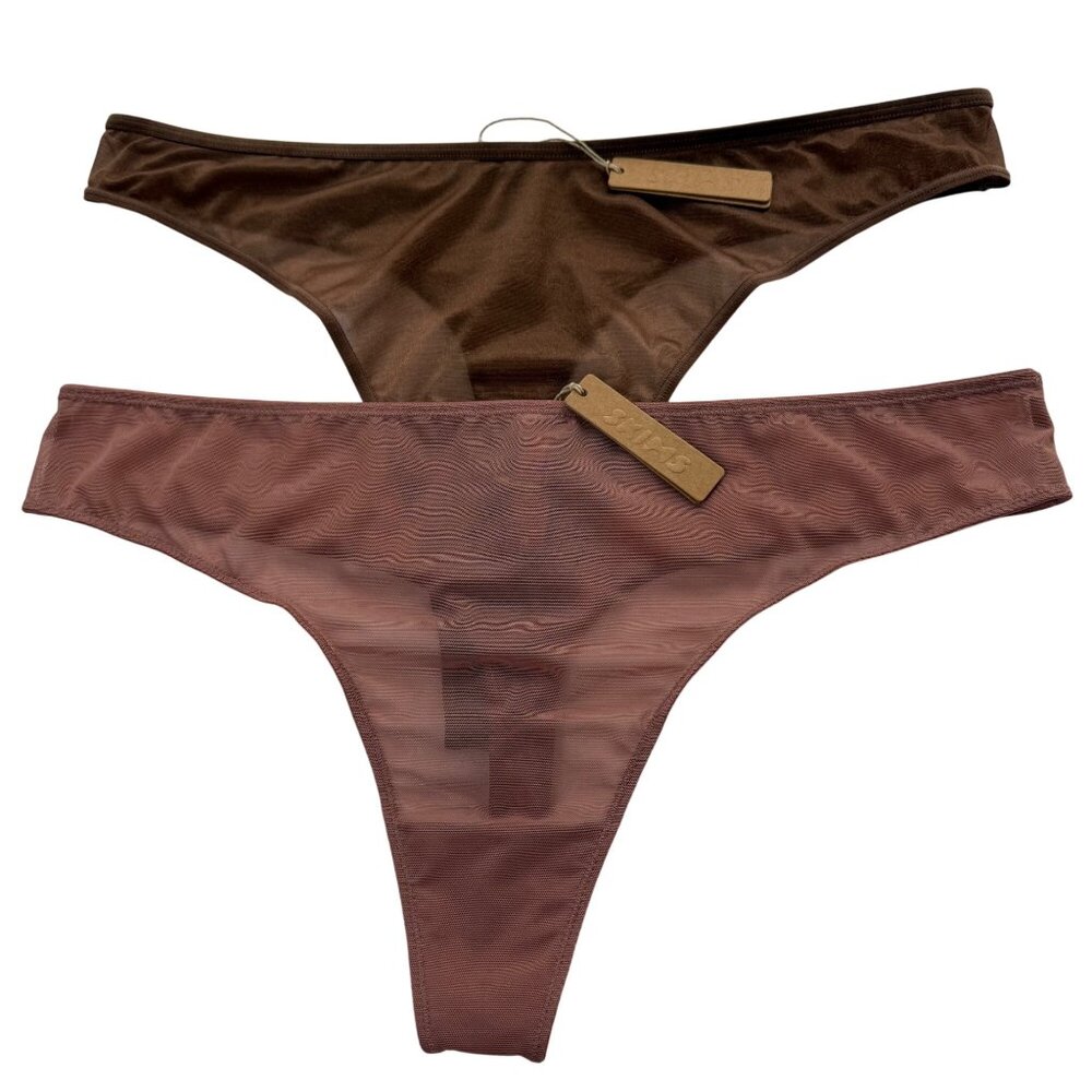 SKIMS Glissenette Dipped Thong + Mesh Built Up Thong Lot of 2 Jasper RoseClay 2X